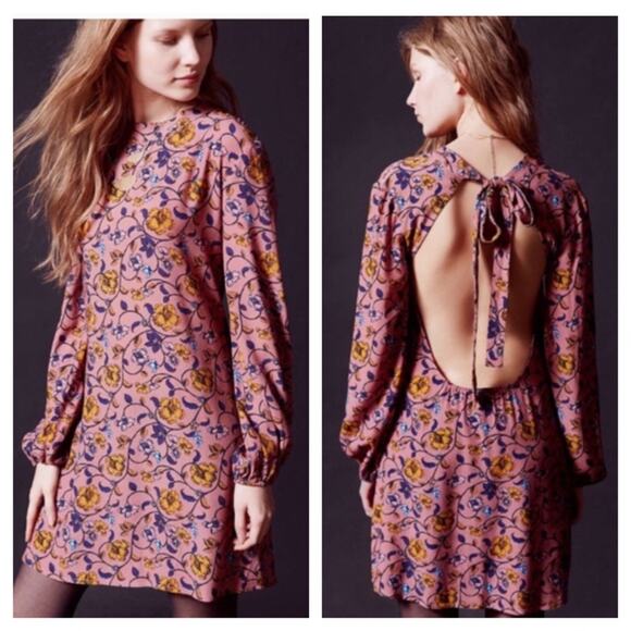 For Love And Lemons Mini Dress Small Pink Floral Open Back Long Sleeve Boho - Picture 1 of 12